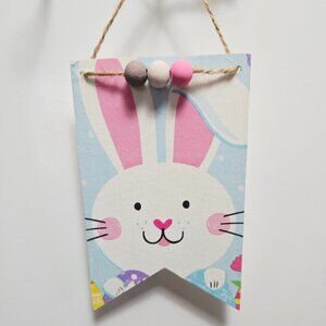 Handcrafted Decoupage Floral Easter Bunny Wooden Hang Tag Tiered Tray Home Decor